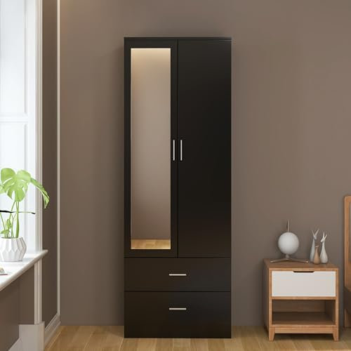 2 Doors Mirrored Wardrobe for Small Bedroom Bedroom Furniture Robe with 2 Drawers, Hanging Rail, 77 x 50 x 180 cm (Black)