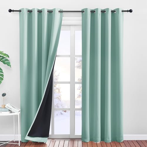 PONY DANCE Rideaux Occultant - Rideau Vert Anti Chaleur Froid Isolantion Thermique à Oeillets Anti Bruit Tissu Lourd Résistant aux UV, Vert Clair, Largeur 140x240cm Hauteur, Lot de 2