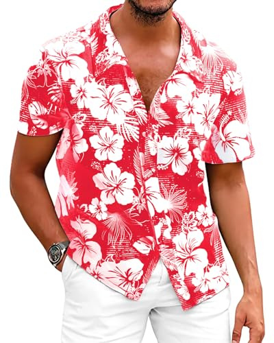 Fastkoala Hawaiiansk skjorta för män tropiska strandskjortor blommiga toppar semester vardaglig bomull linne button down