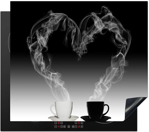 KitchenYeah© Herdabdeckplatte Einteilig Ceranfeld Abdeckplatte Küche Deko Ceranfeldabdeckung Herdabdeckung Induktionsmatte Kaffee - Herz - Schwarz-Weiß - Stilleben - 60x52 cm