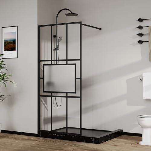 Goodyo 34” X 72” Glass Shower Door Fixed Framed Shower Screen Tempered Glass Panel for Walk-in Shower Room, Grid Pattern, Middle Frosted Glass, 3-Pieces Glass, Matte Black Finish