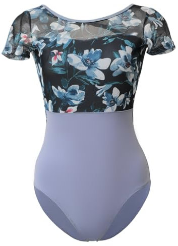 ROYAL SMEELA Damen Ballett Trikot Sexy Kurzarm Body - Bedruckt Rückenlos Tanztrikot für Erwachsene mit BH