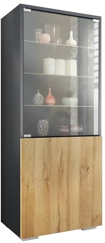 Vitrine Granada, Made in Germany, Vitrinenschrank mit Glastür und Glaseinsatz, Anthrazit matt/Eiche Natur (50 x 122,5 x 34,5 cm)