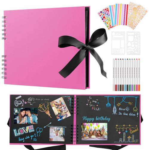 Album fotografico per scrapbooking, 80 pagine nere, album fotografico personalizzabile, 28 X 20.5cm, album fotografico fai da te per bambini, con 12 pennarelli metallici, per famiglia, libro dei