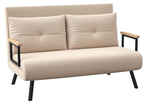 HOMCOM 2 Seater Sofa Bed, Click Clack Convertible Bed Settee, Modern Velvet Feel Fabric Sofa Couch with 2 Tufted Cushions, Wood Armrests for Living Room, Bedroom, Guest Room, Beige