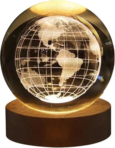 Generico Luce Notturna a LED con Sfera di Vetro 3D Mondo con Base in Legno, Lampada da Tavolo Decorativa, Illustrazione del Globo Terrestre, Multicolore, Idea Regalo e Bomboniera, Diametro 6CM