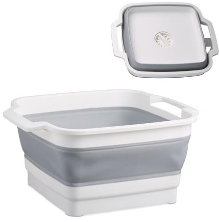Relaxdays Waschbecken faltbar, 9 l, mit Ablauf & Tragegriffen, Kunststoff, Camping Spülschüssel, Faltschüssel, weiß/grau