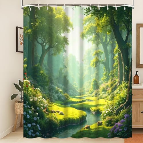 Xiaoterna Tenda da doccia con piante floreali Verde primavera natura foresta tenda da bagno Verde alberi alti fiore in fiore fiume ruscello natura tenda da doccia Decorazione bagno 120x180cm