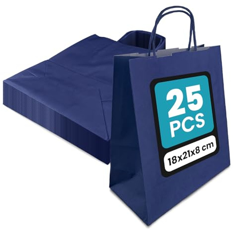 Netuno 25 sacs en papier kraft bleu foncé 18 x 21 x 8 cm sac écologique sac kraft coloré pochettes avec poignées sacs cadeaux en papier recyclé pour Noël cadeau fête anniversaire mariage emballage