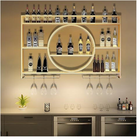 Armadietto per vino in metallo da parete, mensola per esposizione, scaffali galleggianti per unità da bar, scaffale per liquori con luce LED, porta vino da parete con porta bicchiere da vino, per