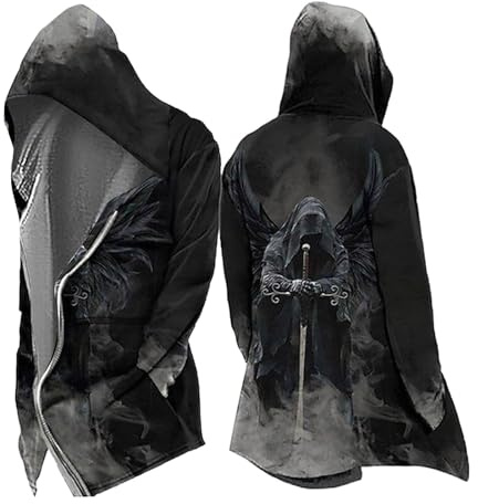 Generisch Men's Medieval Clothing Viking Hoodie Halloween Costume Scandinavia Cape Gothic Leisure Jacket Odin Myth Jacket Autumn Winter Sweat Jacket Carnival Cosplay, O Black, L