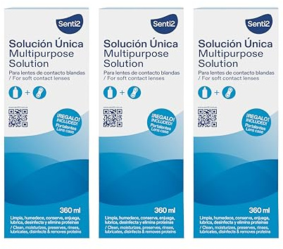 Senti2 Solución Única Multipropósito para Lentes de Contacto Blandas, 360 ml, con Portalentes de Regalo (Paquete de 3)