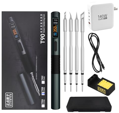 ALIENTEK T90 Smart Soldering Iron 140W PD3.0 QC Fast Heating Digital Soldering Pen with LCD Display, Portable USBâC Soldering Tool for Electronics Repair, DIY, PCB Soldering (T90B soldering iron Set))