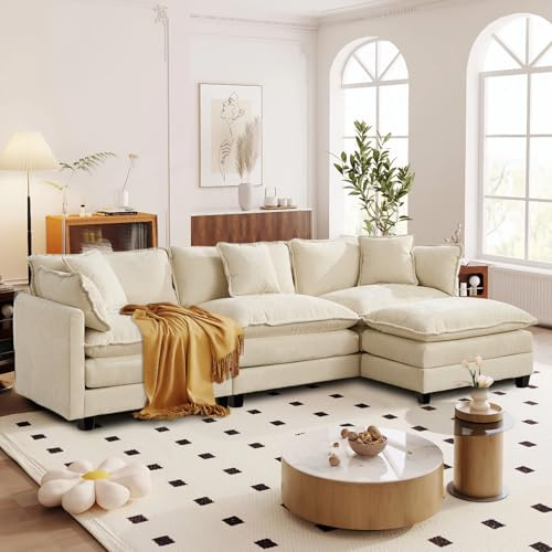 Sofá de salón Modular L 3 plazas 289cm, Chenilla Beige con Cojines Dobles | Tejido suave, resistente y transpirable, incluye cojines y reposabrazos. Ideal para salón, dormitorio y apartamento.