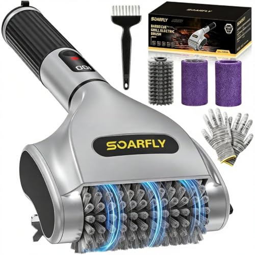 SOARFLY Cepillo eléctrico para barbacoa de 800 rpm, limpiador para barbacoa al aire libre con 2 velocidades y 20 kg de torque, carga 3,5 H, doble luz LED para la noche, no deja caer las gafas para