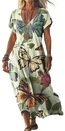 MOKBAY Vestidos Verano Mujer 2026 Cuello V Manga Corta Casual Elegante Playa Summer Dresses for Women Boho Chic Verano Frescos Sueltos Women Dress