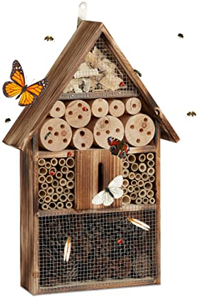 Relaxdays Insektenhotel 50 cm groß, Zum Aufhängen, Bienenhotel und Schmetterlingshaus, Geflämmtes Holz, natur