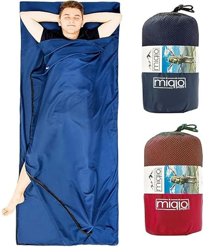 MIQIO® 2in1 Baumwoll-Hüttenschlafsack mit durchgängigem Reißverschluss (Koppelbar): Leichter Komfort Reiseschlafsack und XL Reisedecke in Einem - Sommer Schlafsack Innenschlafsack (Blau,Rechts)