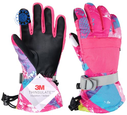 TRIWONDER Guantes de Esquí para Niño Guantes Impermeable Cálido para Climas Fríos Nieve para Ciclismo Esquiar Deportes Invierno al Aire Libre (B - Rosa Rojo, XS (7-9 años))