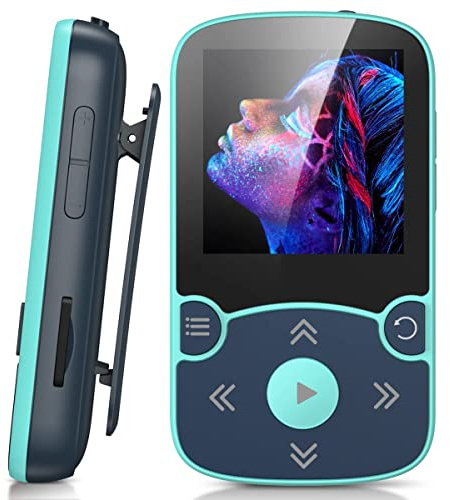 32GB MP3 Player with Clip, AGPTEK Bluetooth 5.0 Lossless Sound with FM Radio, Voice Recorder for Sport Running, Supports up to 128GB TF Card, Blue