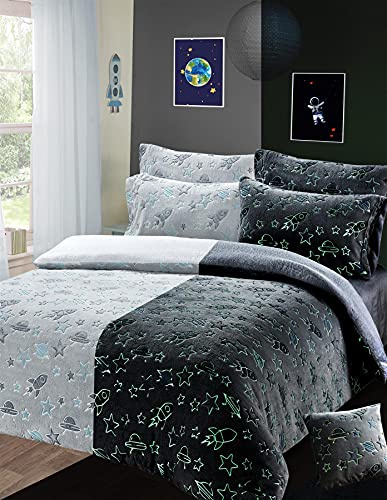 Olivia Rocco Glow In The Dark Teddy Fleece Duvet Cover Sets Soft Warm Kids Bedding Childrens Quilt Covers Set, Outer Space Single