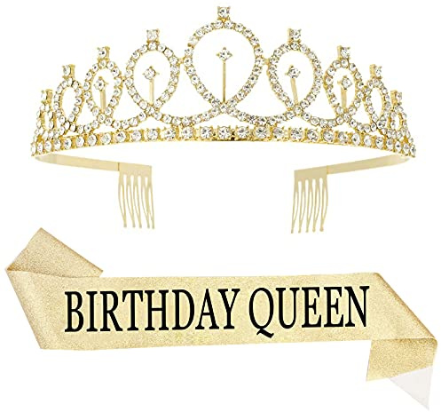 Anniversaire Couronne et Ceinture, Bandeaux Couronne Strass avec Ceinture Anniversaire pour Fille Femme Décoration de Fête (Or)
