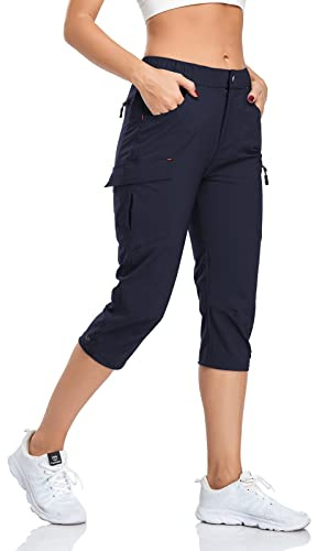 GymBrave Pantalon de Randonnée pour Femmes Léger Séchage Rapide Été Cargo Imperméable Montagne Pantalon Travail 3/4 Extensible avec Poche Zippée