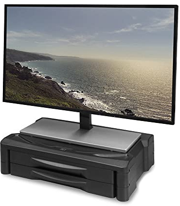 ACT AC8215 Monitor Stand with 2 Drawers A4 Height-Adjustable Monitor Stand for Desk Screen Max. 32 Inches Weight Max. 10 kg Non-Slip Rubber Feet for Extra Stability Black
