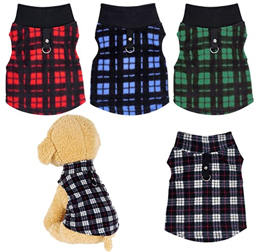 Rbenxia 4 Pieces Buffalo Plaid Dog Sweaters with Leash Ring Soft Fleece Vest Dog Pullover Warm Jacket Pet Dog Clothes Winter Dogs Outfits for Small Puppy Cat Pets (Small)