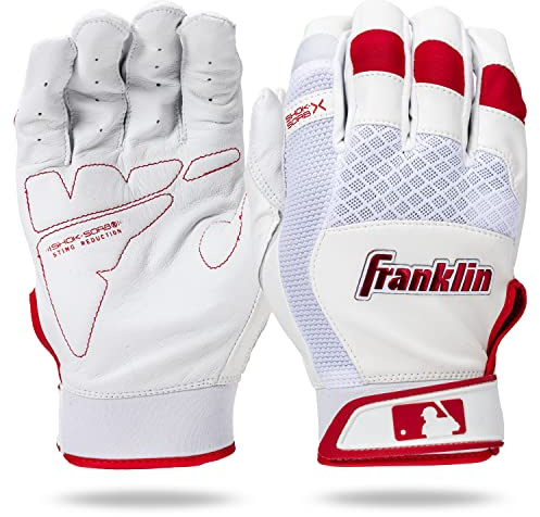 Franklin Sports MLB Baseball Batting Gloves - Shok-Sorb X Baseball + Softball - 1 Pair of Padded Anti-sting Batting Gloves for Adults & Youth - White + Chrome Red - Adult Medium