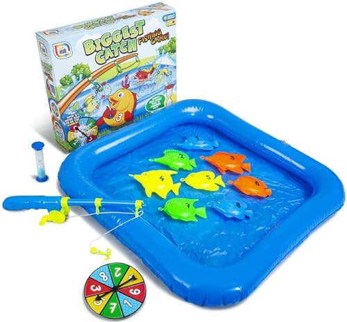The Biggest Catch Fishing Game Kids Hook a Fish Novelty Indoor Outdoor Toy with Inflatable Pond, Fish & Rod