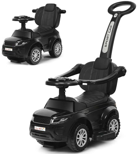 GYMAX 3 in 1 Kids Ride on Push Car, Push Along Car with Handle, Guardrails, Lights, Horn & Music, Underneath Storage, Toddler Sliding Toy for 1-3 Years Old Boys Girls (Black)