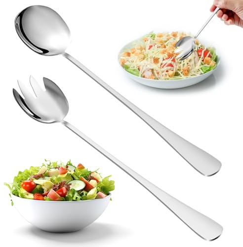 Fzyisw 2 posate da insalata in acciaio inox, grandi 28 cm, cucchiai da portata per insalata, forchette da insalata in acciaio inox, cucchiai da insalata con manici lunghi, set di posate per insalata