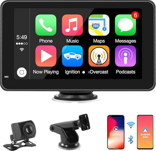 CarPlay e Android Auto Senza Fili, Display CarPlay Portatile da 7 Pollici con Telecamera Posteriore da 720P, Supporta Bluetooth, Airplay/Mirror Link, Siri/Google Voice Control, GPS, FM, AUX