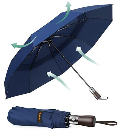 TECKNET Parapluie Pliant Automatique Compact, Parapluie Solide Homme de Voyage, Revêtement en Téflon 210T, Anti-Tempête, Double Toit Coupe-Vent Ventilé, Poignée en Bois Véritable, Bleu