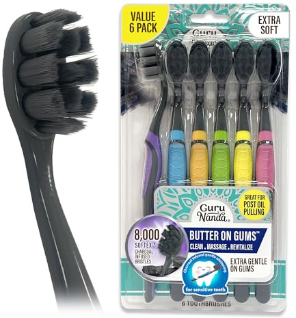 GuruNanda Butter on Gums Charcoal Toothbrush - 8000+ SoftexTM Bristles for Sensitive Teeth & Gums, Aids in Teeth Whitening, Extra Soft (6 Count)
