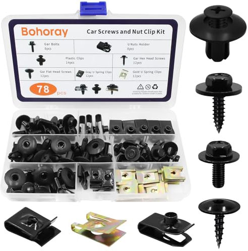 Bohoray 78pcs M6 Black Zinc Flat Head Screws & U Clips Kit, Engine Undertray, Car Body Fender Screws, Universal U Clips, Auto Fasteners