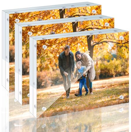 3 Pack 5x7 Acrylic Picture Frames - 20% Thicker Double Sided Magnetic Frame with UV Protection - Freestanding Clear Frameless Display for Tabletops - Modern Photo Frame Set for Home & Office Decor