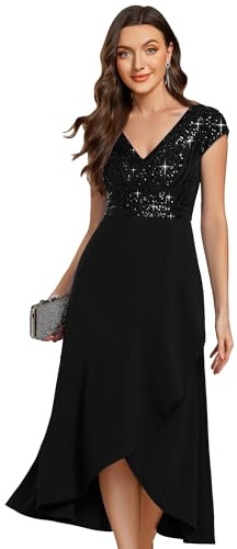 Ever-Pretty Vestito Elegante Donna Midi con Scollo a V Abito con Corpetto in Paillettes e Gonna Asimmetrica per Cocktail e Cerimonie Nero 44