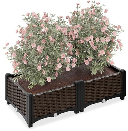 Relaxdays Pflanzkübel, Rattan-Optik, HBT: 23x80x40 cm, Garten, Balkon & Terrasse, Blumenkübel mit Wasserspeicher, braun