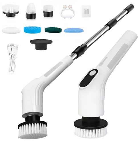 LICHIFIT Limpiador giratorio eléctrico, cepillo de limpieza inalámbrico impermeable con cabezales de cepillo reemplazables y mango de extensión ajustable, 2 velocidades para limpieza de paredes de