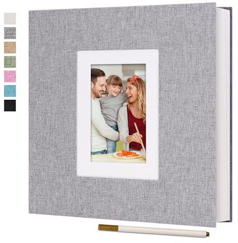 Vienrose Självhäftande scrapbooking fotoalbum för foton 10 x 15, 13 x 18, 18 x 24 cm - linneomslag 40 tomma sidor - DIY-minnesbok bröllop, baby, resor (grå)