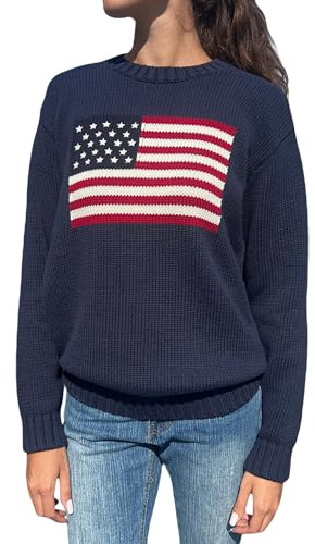 Luckinbaby Maglione con Bandiera Americana da Donna a Righe Maglioni a Stella USA Felpa patriottica Lavorata a Maglia Allentata Pullover Top, Girocollo Blu, S