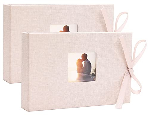 Vienrose Photo Album 6x4 Linen Fabric Cover, Mini Picture Book with Pockets, Clear Pages Holds 52 Photos, Small Postcards Photobook Beige 2 Pack
