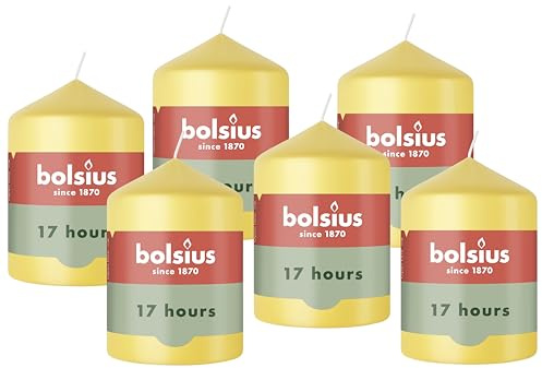 Bolsius - Essentials - Bougie Pilier - Jaune Frais - 8cm - 6 Pièces - Bougie Décorative - Contient Cire Végétale Naturelle - sans Huile de Palme
