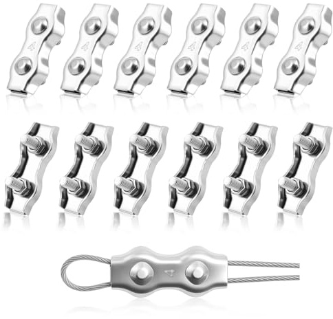 Flintronic M4 Abrazadera de Cable Abrazadera Dúplex, 12 Piezas Abrazadera para Cable de Alambre de Acero Inoxidable 304, Doble Clip de Cuerdas, para 4 mm Cable Aparejo, Tendederos de Cables Fijos