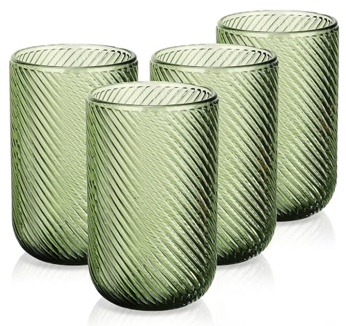 Joeyan 41cl Bicchieri da Acqua in Vetro Colorati, Set di 4 Verde Tumbler alto con Costolature Rilievo, Design Moderno, Per Acqua Gassata,Aperitivo,Succo di Frutta e Bibite, Lavabile in Lavastoviglie