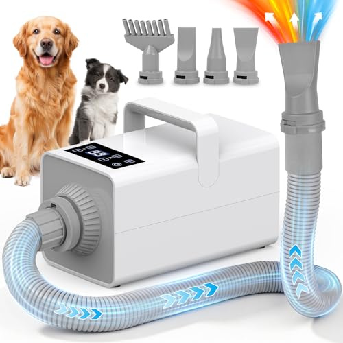 YAZEKY Pulseur pour Chien avec écran LCD, 3200W Souffleur Chiens Silencieux, Pulseur pour Chien Poils Longs, Toilettage Sèche-Cheveux pour Animaux, Vitesse et Température Réglables avec 4 Buses