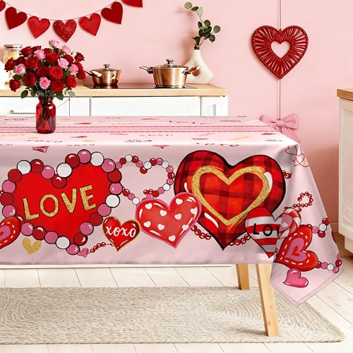 Arquiel Mantel de de San Valentín Conejo Rectangular 140x180 cm de Tela Lavable, Estampado de Corazones Rosas, Decoración Primaveral para Cocina y Comedor Terraza