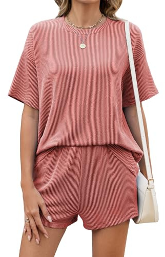 Famulily Lounge Wear Sets for Women UK Casual Tracksuit Full Set 2 Piece Stylish Crewneck Tops and Shorts Outfits Loose Knitwear Red L